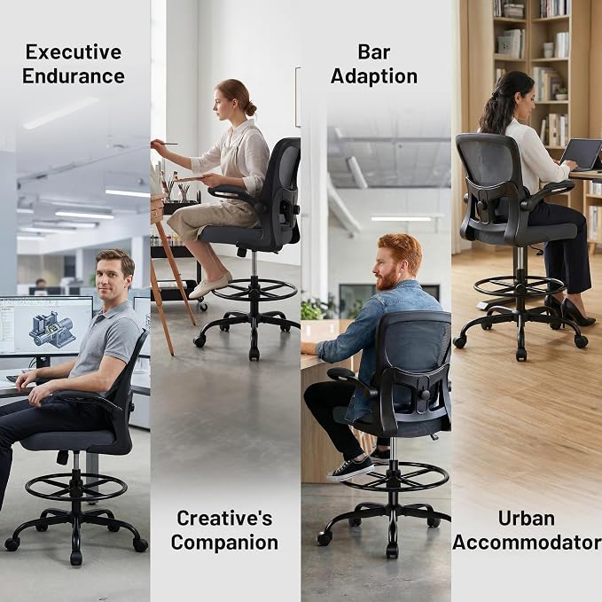AreShark Drafting Office Chair - Ergonomic Tall Office Chair with Adjustable Footrest Ring - Counter Height Adjustable Rolling Standing Desk Chair with Lumbar Support and Flip-up Armrests for Home