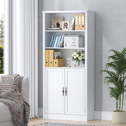 Thacuok 72'' Tall Bookcase with Doors, Adjustable Shelves, P2 MDF Construction, 32'' Wide Freestanding Cabinet with Metal Handles, Hidden Storage for Living Room, Bedroom