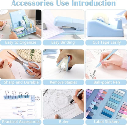 Scindaly Blue Office Desk Accessories Supplies, 10pcs Desk Organizers and Accessories with Tape Dispenser and Stapler,Staples,Scissor,Ruler,Sticky Tabs,Tape,Ballpoint Pen,Clips Set