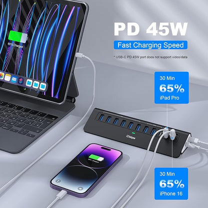 Powered USB Hub 10Gbps, Intpw YH9AC Plus 13-Port USB 3.2 Hub(USB A/USB C 3.2+6 USB-A 3.0+2 PD 45W Fast Charging Ports+SD/TF Card Reader), 65W Power Adapter,Aluminum USB HUB for PC,Laptop,iPhone 17/16