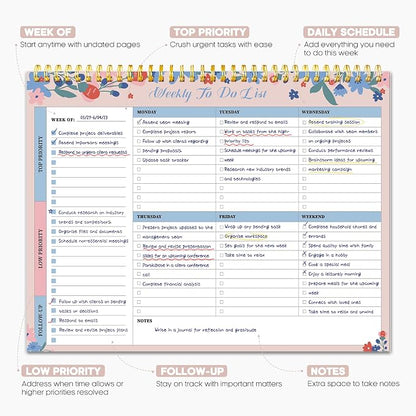 Taja Weekly To Do List Notepad with 52 Undated Sheets（8.5"×11"）- Weekly Desk Planner for Women & Man, Work and Home - 1 Pack Spring Blossom