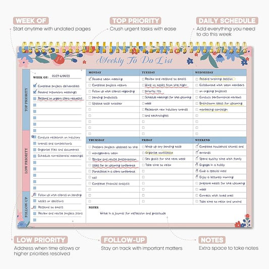 Taja Weekly To Do List Notepad with 52 Undated Sheets（8.5"×11"）- Weekly Desk Planner for Women & Man, Work and Home - 1 Pack Spring Blossom