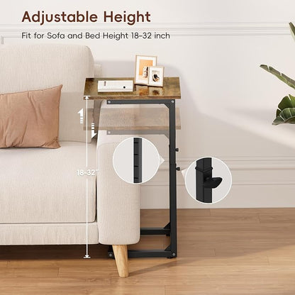 Vagusicc C-Shaped End Table for Couch, 33" Tall C Table Adjustable Height Side Table, Couch Side Tables with Metal Frame Slide Under Sofa, Sofa Table TV Tray for Living Room, Bedroom, Bedside, Brown