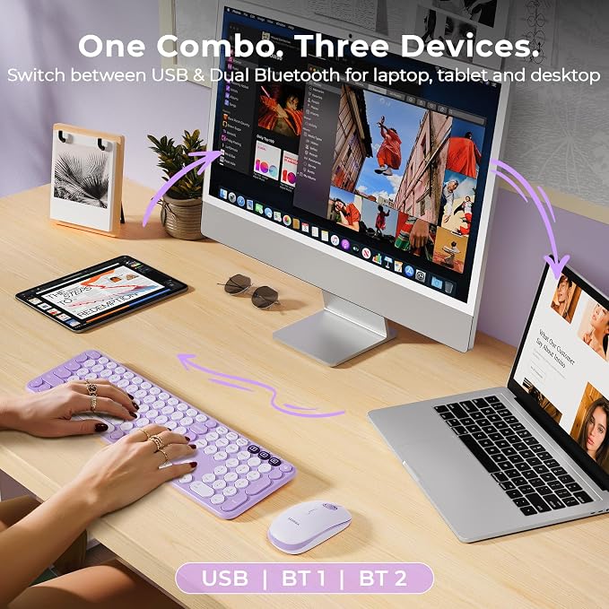 seenda COE202 Wireless Bluetooth Keyboard and Mouse Combo, Star Purple | USB & Dual Bluetooth for 3-Device Switching, Soft Quiet Round Keys, Silent Clicks, Full-Size for PC/Laptop/Mac/MacBook/iPad