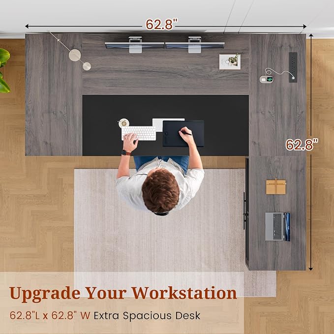 UPOSOJA 63" Executive Desk with Mobile File Cabinet, Large Office Desk with Drawer, Modern L Shaped Desk with Power Outlets, Storage Shelves, Corner Computer Desk Business Workstation Set (Grey)