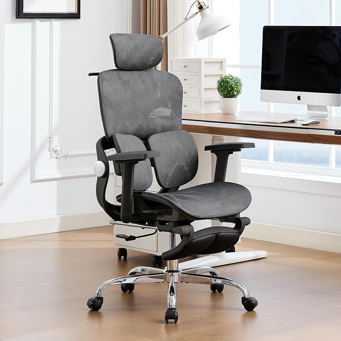 Ergonomic MeshOffice Chair with 2-Zone Lumbar Support and Footrest,Black | Big and Tall, 400LBS, Adjustable Seat Depth, 4D Headrest, 4D Armrests Swivel Executive Chair for Home Office