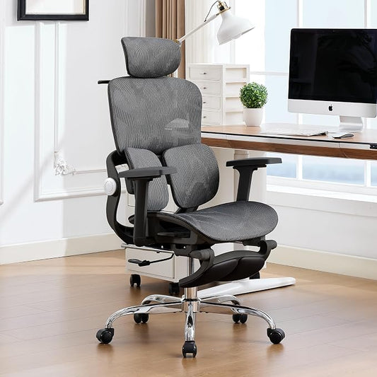 Ergonomic MeshOffice Chair with 2-Zone Lumbar Support and Footrest,Black | Big and Tall, 400LBS, Adjustable Seat Depth, 4D Headrest, 4D Armrests Swivel Executive Chair for Home Office
