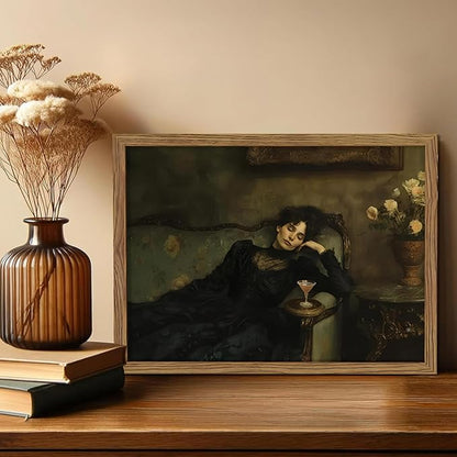 Framed Vintage Victorian Wall Art, Moody Woman Reclining on Sofa Canvas Poster, Dark Academia Portrait Oil Painting Prints, Classical Elegant Wall Decor for Living Room Bedroom Study 12x16in