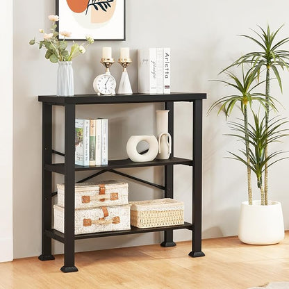HOMBAZAAR 3 Tier Bookshelf,Black Industrial Book Shelf,Engineered Wood and Metal Small Bookcases,Low Shelf Bookcase for Living Room,Office,Bedroom and Kitchen