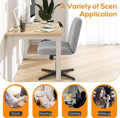DUMOS Criss Cross Chair No Wheels Legged Office Wide Comfy Desk Vanity Chair, Armless Computer Task Seating, Swivel Home Height Adjustable for Bedroom, Study, Grey Fabric
