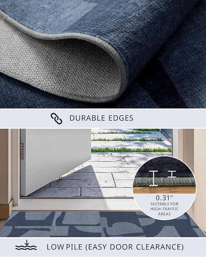 Latte&Fog 8x10 Area Rugs for Living Room, Large Modern Abstract Washable Rug, Boho Non Slip Low Pile Carpet for Indoor Bedroom Dining Room, Office, Dorm, Classroom, Farmhouse and Kids Room - Navy Blue