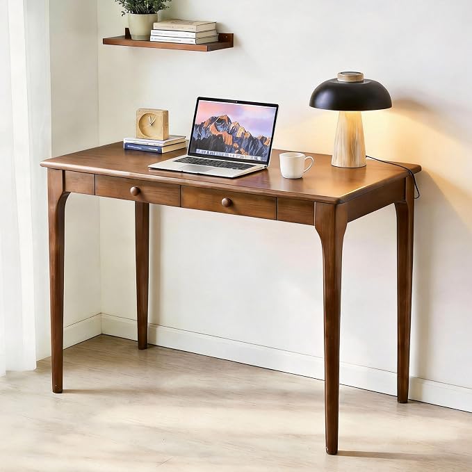47" Walnut Solid Wood Desk with Drawers,Mid Century Modern Natural Real Wood Writing Desk,Home Bedroom Small Spaces Computer Office Workstation Desks