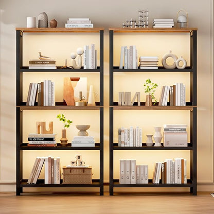 Vlsrka Wooden Bookshelf with Lights, 5 Tier Bookshelf with Storage, Tall Bookcase with Open Shelves, Standing Bookshelves Display Rack for Living Room, Home Office, Black