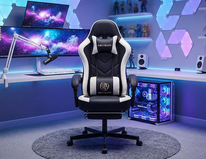 Office Desk Computer Gaming Chair for Adults, Ergonomic High Back Gamer Chair with Massage and Pocket Spring Cushion, Swivel Comfy Video Game Chairs with Footrest and Lumbar Support (Black White)