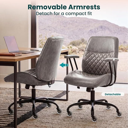 NEO CHAIR Ergonomic Leather Office Desk Chair with Adjustable Armrests Mid Back Lumbar Support Swivel Executive Computer Chair with Wheels Comfy Home Office Chair for Adults (Grey)