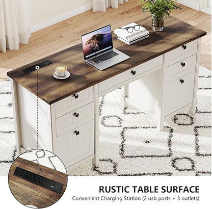 62 Inch Antique White Farmhouse Computer Desk | Center Drawer, 4 Storage Drawers (1 File Drawer) & Side Cabinet, Built-in USB Power Ports for Home Office & Bedroom Workspace