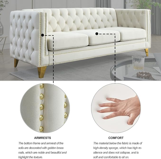 mikibama 80.5" Velvet 3 Seater Sofa Couch for Living Room,Button Tufted 3-Seat Couches with Nailhead Trims,Modern Upholstered Sofas with Golden Metal Legs for Bedrooom,Office