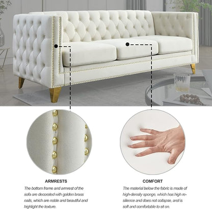 mikibama 80.5" Velvet 3 Seater Sofa Couch for Living Room,Button Tufted 3-Seat Couches with Nailhead Trims,Modern Upholstered Sofas with Golden Metal Legs for Bedrooom,Office