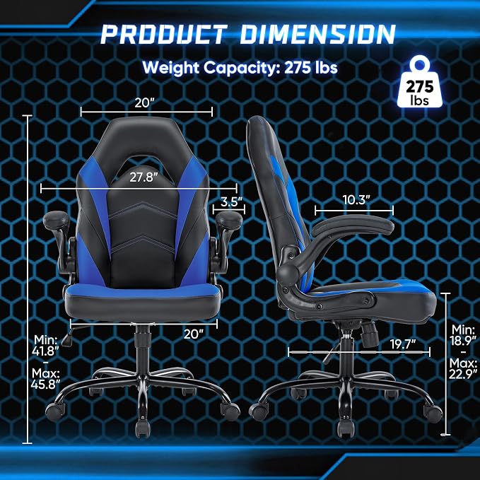 OLIXIS Computer Gaming Chair - PU Leather Ergonomic Lumbar Support with Flip-up Armrest and 360° Swivel Wheels, Height Adjustable Task Home Office Desk Video Racing, Black and Blue