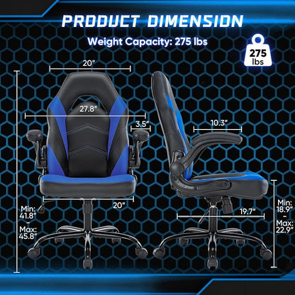 OLIXIS Computer Gaming Chair - PU Leather Ergonomic Lumbar Support with Flip-up Armrest and 360° Swivel Wheels, Height Adjustable Task Home Office Desk Video Racing, Black and Blue