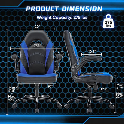 NEWBULIG Gaming Office Computer Chair – Ergonomic Mid-Back with Flip-Up Armrests, Adjustable Height, Lumbar Support & 360° Silent Swivel Wheels, PU Leather for Home/Office, Blue