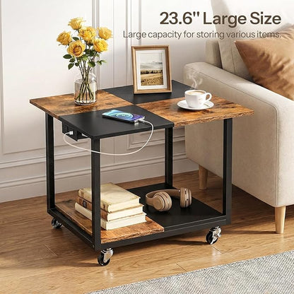 HOOBRO 23.6"×23.6" Large Printer Stand, Printer Table with Charging Station, Printer Cart on Wheels, Rolling Cart, for Office, Living Room, Rustic Brown and Black BF14UPS01