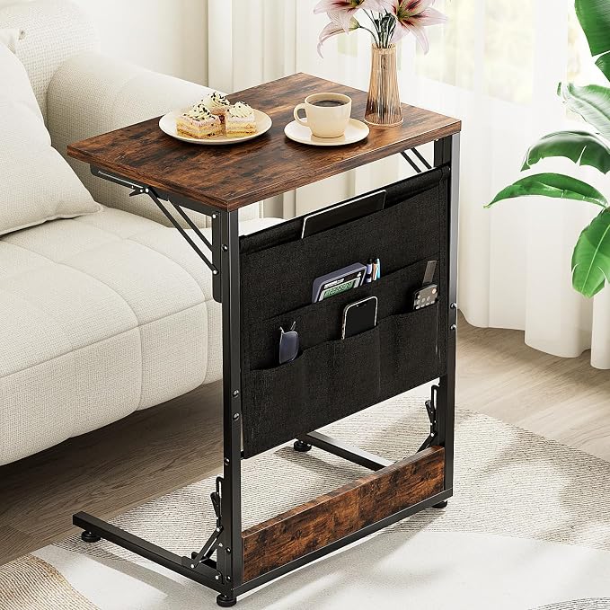 Folding TV Tray Table, Large Size C-Shaped Side Table for Couch and Bed, Slide Under Sofa Side Table with Storage Bag - Sturdy Metal Frame Tray for Living Room, Bedroom, Home & Office (Rustic Brown)