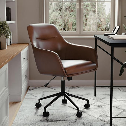 Martha Stewart Rayna Swivel Task Chair with Flared Arms for Home Office in Saddle Brown Faux Leather with Oil Rubbed Bronze Frame
