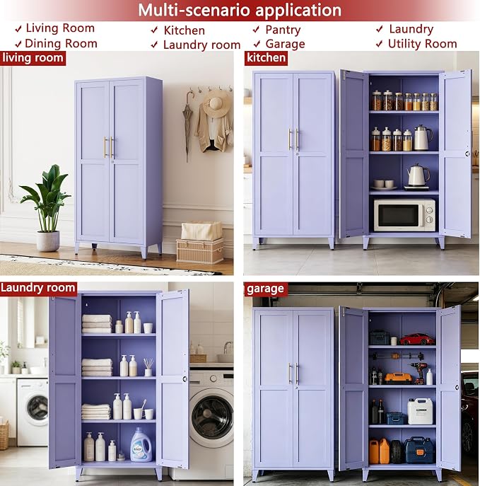 Metal Storage Cabinet with Lock,Purple Steel Tool Cabinet with 3 Adjustable Shelves,61 Tall Freestanding Heavy Duty Garage Locker for Laundry Living Room Bedroom