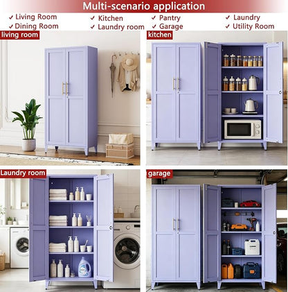 Metal Storage Cabinet with Lock,Purple Steel Tool Cabinet with 3 Adjustable Shelves,61 Tall Freestanding Heavy Duty Garage Locker for Laundry Living Room Bedroom