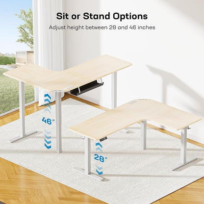HUANUO 63″ L-Shaped Standing Desk, Built-in Power Outlets, Electric Height Adjustable Corner Computer Desk, Large Power Strip Holder, Sit Stand Up Desk with 3 Preset Heights, Natural Wood