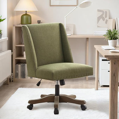 Zihanhome Upholstered Armless Office Chair with Wooden Legs, Modern Adjustable Home Office Desk Chair Computer Chair Swivel Chair for Home Office Study Studio (Green)