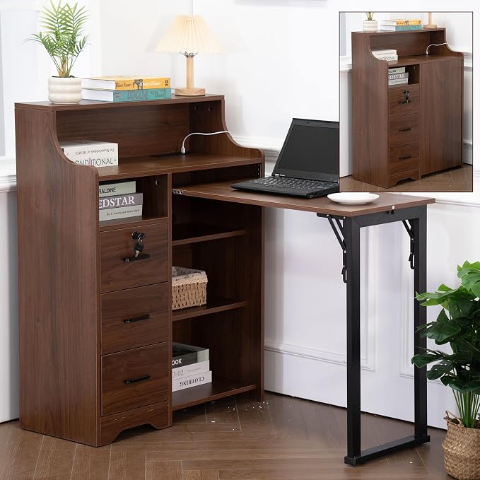 Fold Out Desk with Storage, Hidden Desk with Lockable Drawers & Shelves, Built-in Power Outlet,Folding Desk for Study and Home Office (Walnut)