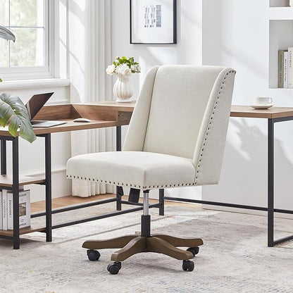 Zihanhome Armless Upholstered Office Chair with Wooden Legs, Modern Criss Cross Adjustable Home Office Desk Chair No Arms Sewing Chair Swivel Chair for Women Farmhouse Study Studio (Beige)