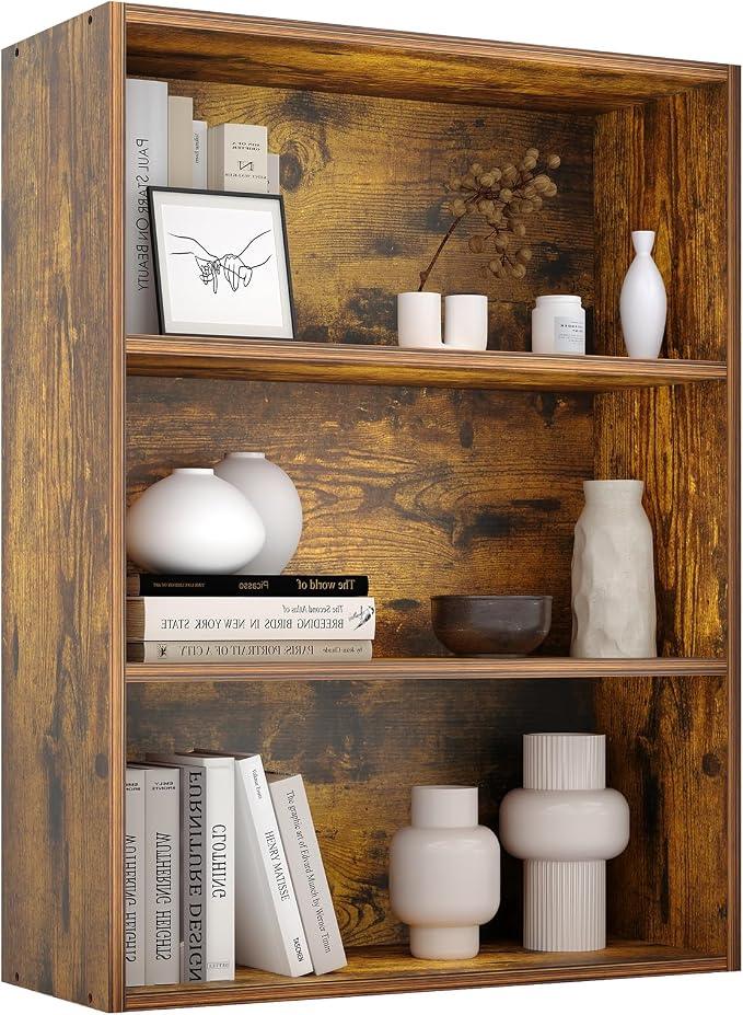 Sweetcrispy Industrial 3 Shelf Bookcase - Large 31.5 Inch Tall Floor Standing Open Bookshelf for Home Office, Living Room, and Bedroom Storage, Display Organizer, Brown