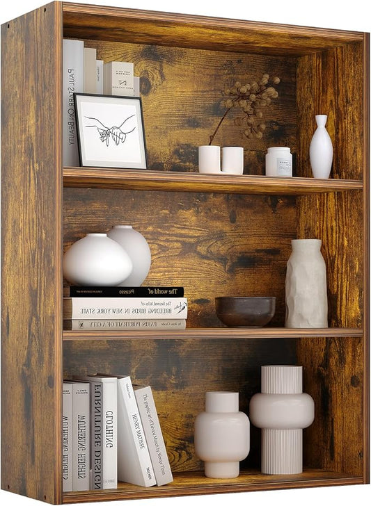 Sweetcrispy Industrial 3 Shelf Bookcase - Large 31.5 Inch Tall Floor Standing Open Bookshelf for Home Office, Living Room, and Bedroom Storage, Display Organizer, Brown