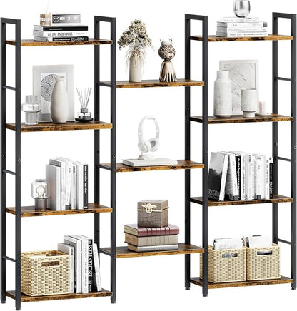 Shintenchi Triple Column 4 Tier Bookshelf, Industrial Large Bookcase Display Shelves, Large Etagere Bookshelf,Wide Book Shelf Book Case for Home & Office, Rustic Brown