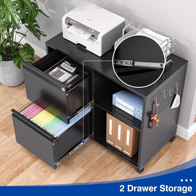 BYNSOE 2-Drawer File Cabinet Mobile Filing Cabinet with Lock Lateral File Cabinet Printer Stand with Open Storage Shelves for Home Office (Black, Left Drawer)