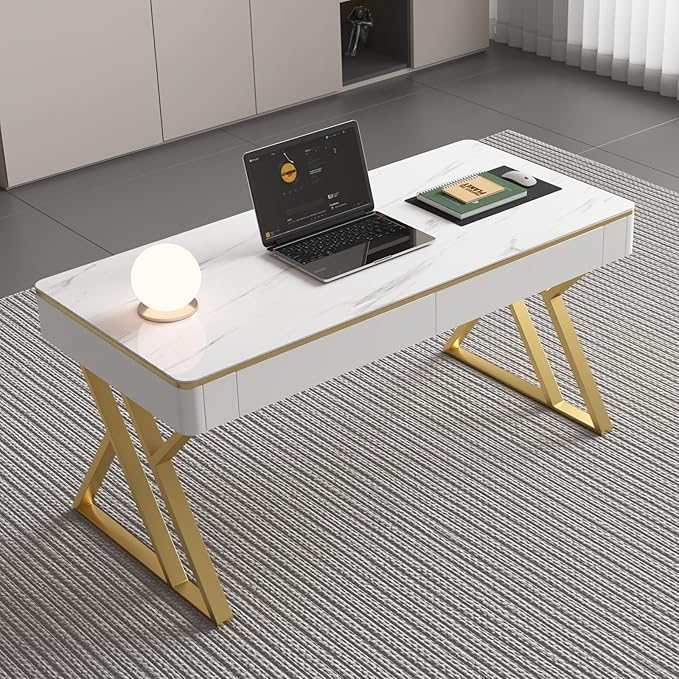 Modern Office Computer Desk with Tempered Glass Top & Marble Pattern, White Wooden Gaming Desk with Drawers, Thick Lacquered Writing Desk for Home Office, Bedroom and Living Room (Z-104)