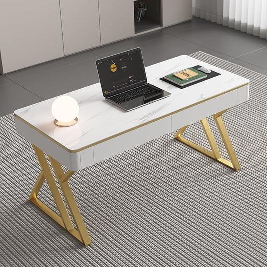 Modern Office Computer Desk with Tempered Glass Top & Marble Pattern, White Wooden Gaming Desk with Drawers, Thick Lacquered Writing Desk for Home Office, Bedroom and Living Room (Z-104)