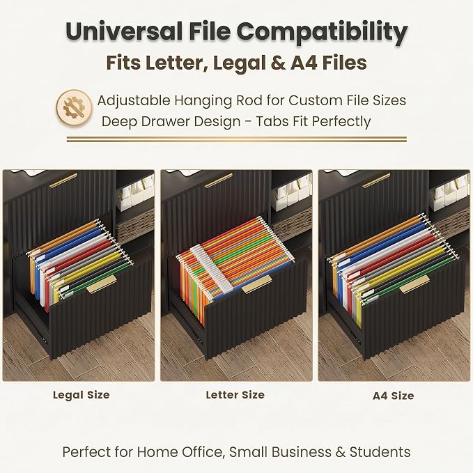 Filing Cabinet for Home Office, Fluted Wood File Cabinet with 2 Drawers Fit Letter/Legal/A4 Folders with Tabs, 43.3" W Printer Stand with Lock & 2 Power Outlets, 6 Storage Shelves (1, Black)