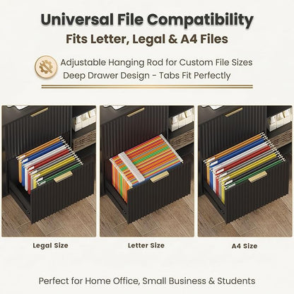 File Cabinet for Home Office, Fluted Filing Cabinet with Charging Station, 2 Drawers Fit Letter/Legal/A4 with Tabs, Printer Stand with Lock & 2 Power Outlets, 6 Shelves (2, Black)