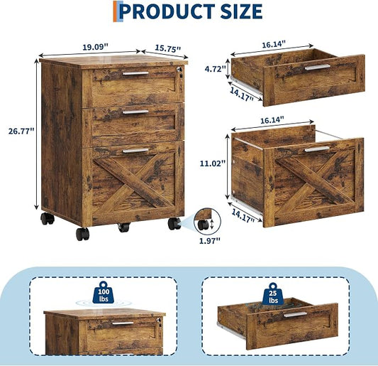 3-Drawer Rolling File Cabinet with Lock - Wooden Mobile Filing Cabinet for Home Office, Under Desk Storage Organizer fits Letter/A4/Legal Size, Sturdy Printer Stand with Locking Casters, Rustic Brown