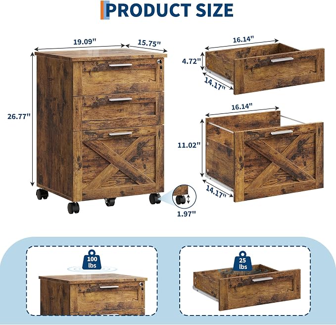GAOMON 3 Drawer Mobile File Cabinet with Lock, Under Desk Wooden Filing Cabinets for Home Office Organizer Letters/Legal/A4, Rustic Brown