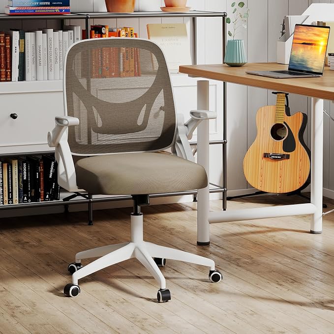 COSTWAY Office Chair, Comfy Swivel Rolling Desk Chair with Adjustable Height & Flip-Up Armrests, Ergonomic Mesh Computer Chairs with Lumbar Support for Working & Gaming (Grey)