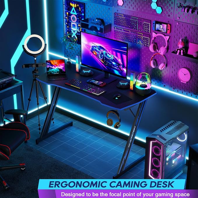 BestOffice 39" Gaming Desk Computer Gaming Desk Z Shaped Gaming Workstation Ergonomic Gaming Table with Headphone Hook for Game Players,Black&Blue