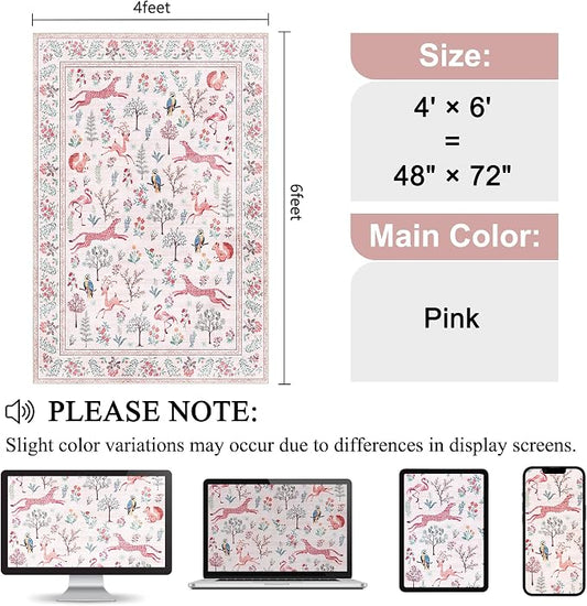 DUKINO 4x6 Rug, Washable Animal Area Rug with Non Slip Vintage Design, Indoor Soft Low Pile Carpet for Bedroom, Nursery, Dining Room, Farmhouse, Playroom, Pink