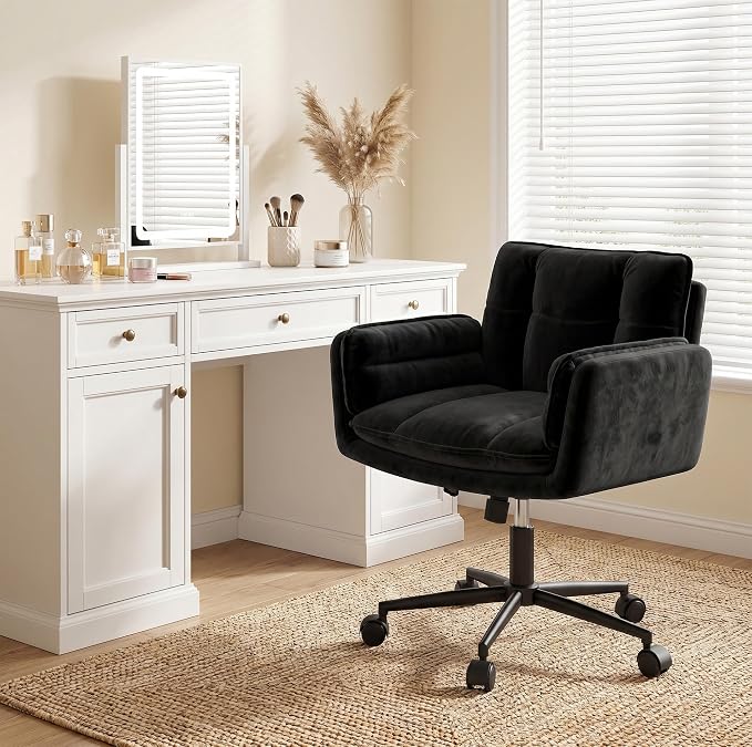 DurayLoly Criss Cross Chair with Wheels, Fluffy Vanity Chair with 5-Gear Flip Armrests, Cross Legged Swivel Seat for Bedroom, Makeup Vanity, Home Office, Dorm, Black