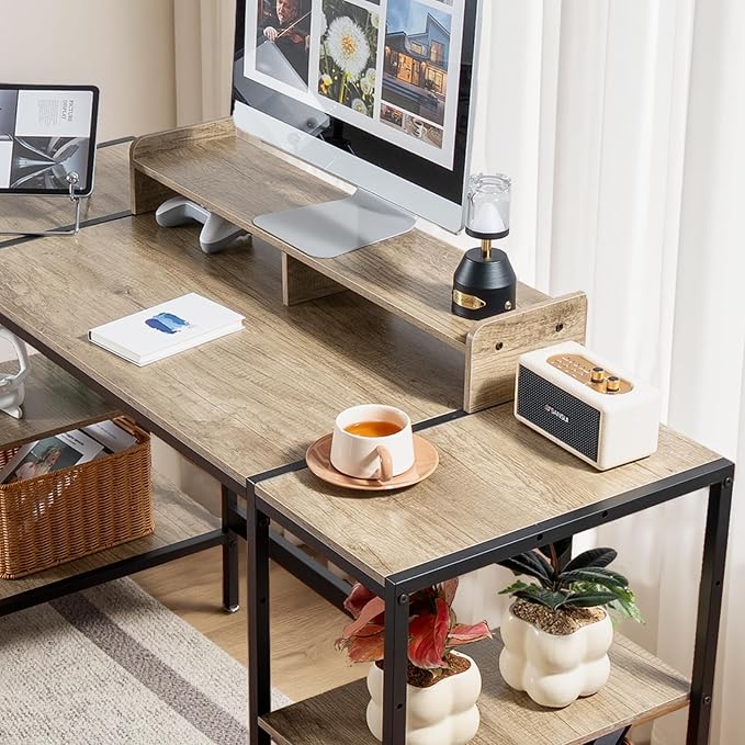 MINOSYS Gaming/Computer Desk - 47” Home Office Small Desk with Monitor Stand, Rustic Writing Desk for 2 Monitors, Adjustable Storage Space, Modern Design Corner Table.