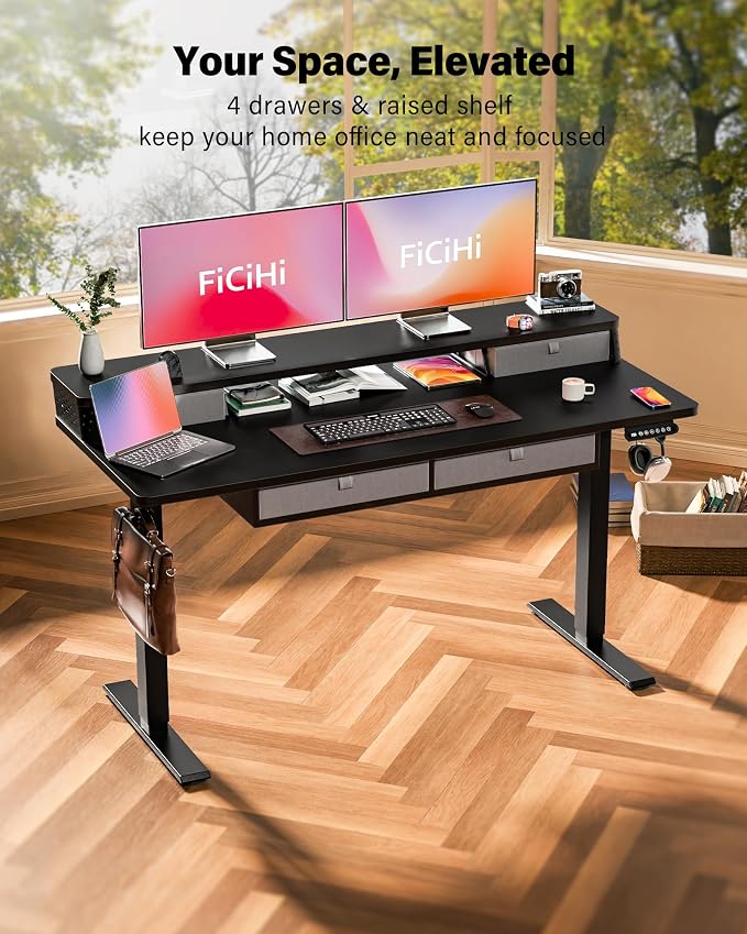 FiCiHi Electric Standing Desk with Four Drawers, 55 x 24 Inch Adjustable Height Sit Stand Desk, C-Clamp Compatible Home Office Desk with Storage Shelf & Monitor Stand Riser, Classical Black